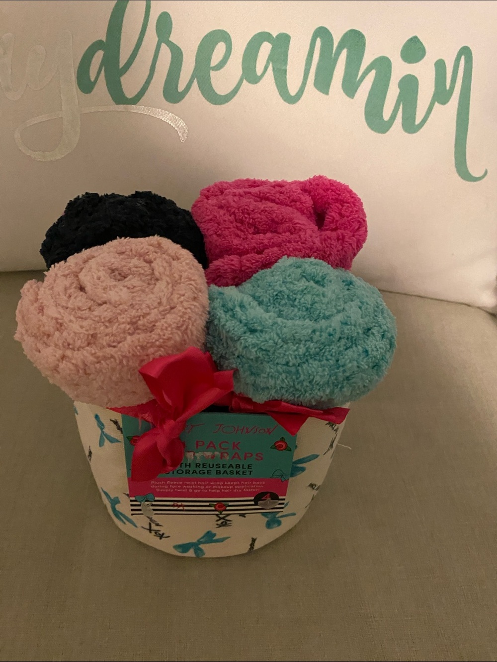 Betsey Johnson 4-Pack Plush Hair Wraps in storage basket